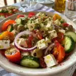 Greek Salad with Feta Recipe: A Fresh & Easy Mediterranean Delight 8 Fresh Greek salad served in a white ceramic bowl with cherry tomatoes, cucumbers, olives, feta, and mint.
