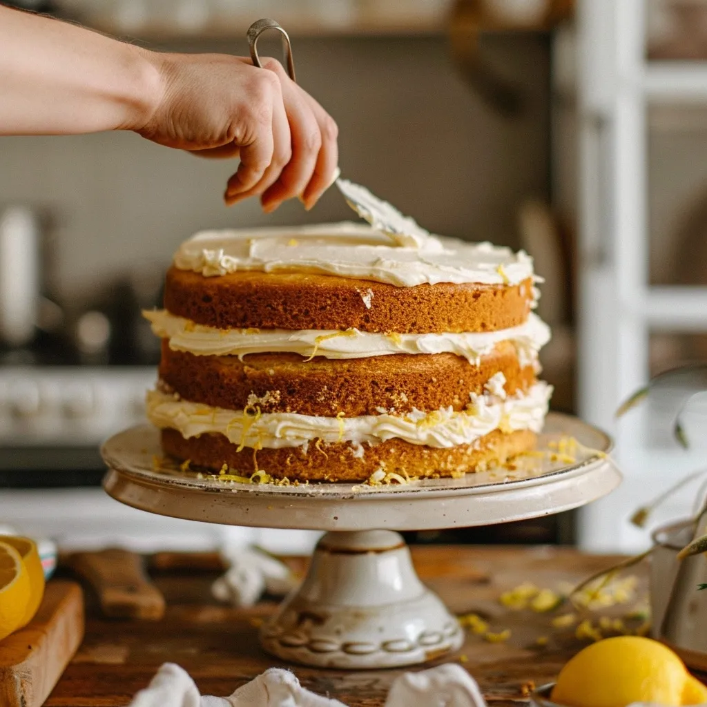 Lemon Mascarpone Cake Recipe : A Decadent Treat Everyone Will Love 8 Hands assembling a lemon mascarpone layer cake with frosting and lemon curd between layers
