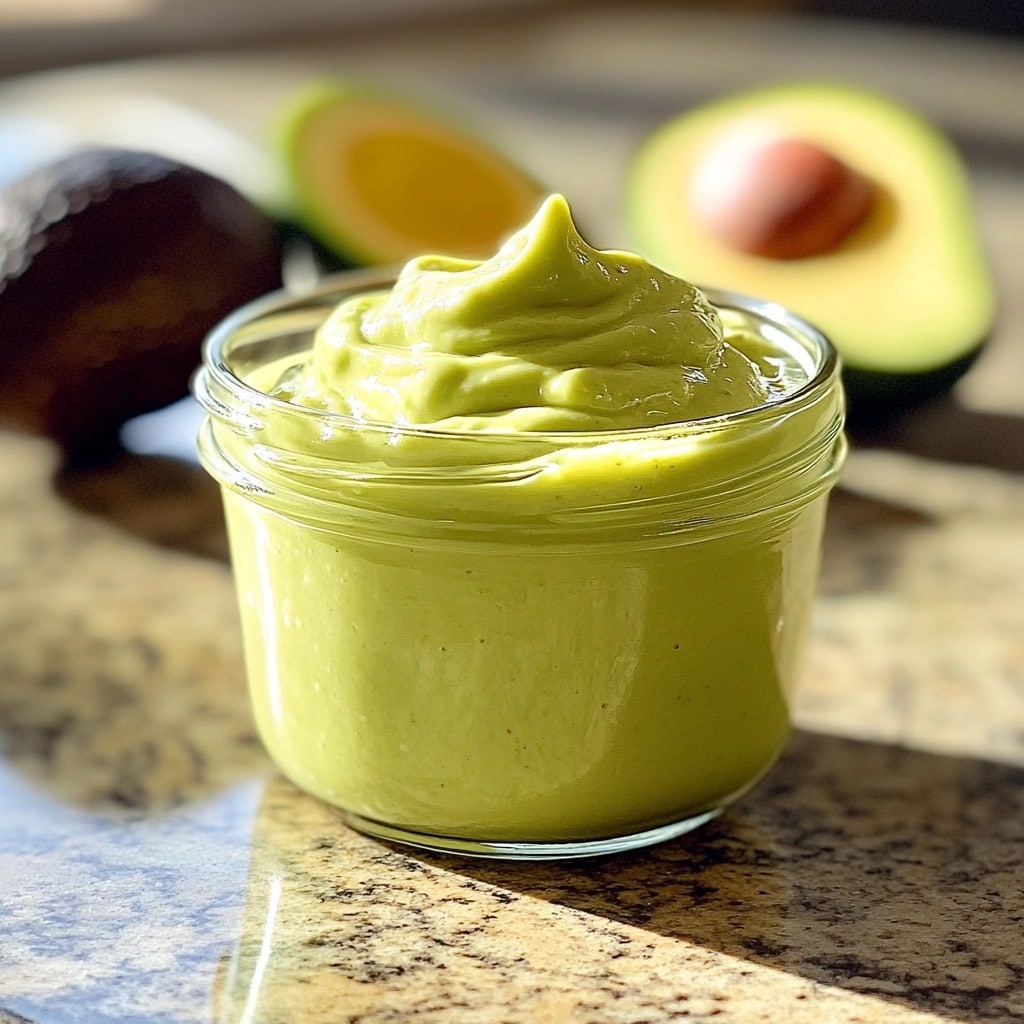 Avocado Mayo Recipe: The Best 6-Ingredient Spread You’ll Ever Make 8 avocado mayo recipe in a clear glass jar on a stone counter