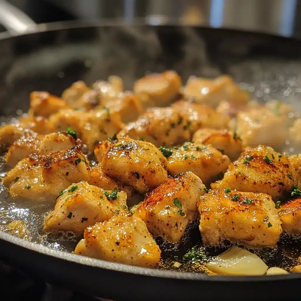 Honey Garlic Chicken Bites Recipe : The Best 5-Ingredient Dinner 10 Chicken bites searing in skillet with garlic and sauce bubbling