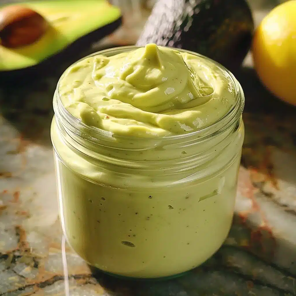 Avocado Mayo Recipe: The Best 6-Ingredient Spread You’ll Ever Make 5 Creamy avocado mayonnaise in a glass jar with lemon and avocado in the background on a marble counter.