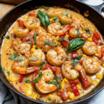 Creamy Coconut Shrimp Recipe: A Rich and Easy Skillet Dinner 6 Creamy coconut shrimp recipe in a skillet with red curry sauce and basil