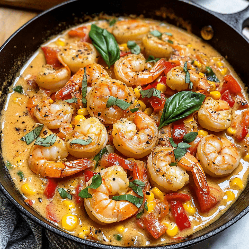 Creamy Coconut Shrimp Recipe: A Rich and Easy Skillet Dinner 4 Creamy coconut shrimp recipe in a skillet with red curry sauce and basil