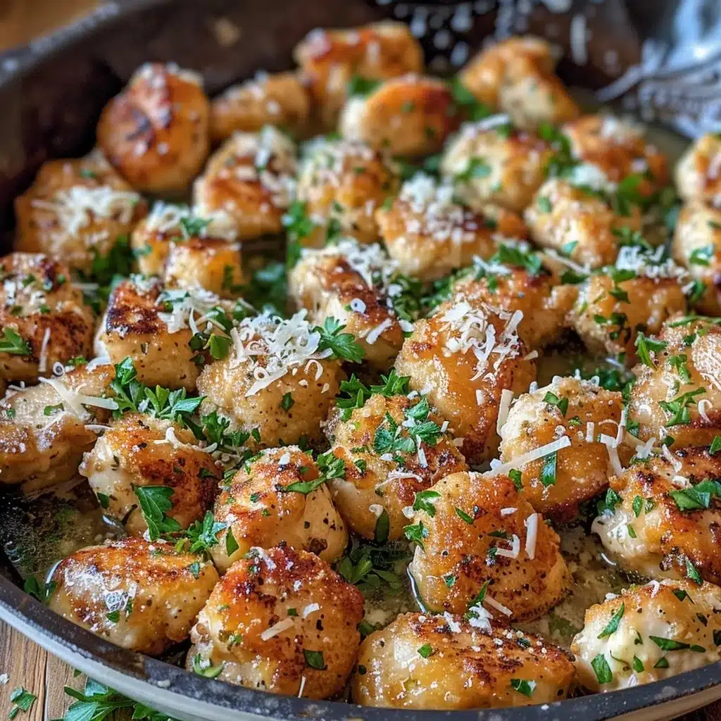 Garlic Parmesan Chicken Bites Recipe : The Ultimate 15-Minute Dinner Hack 5 Juicy garlic parmesan chicken bites in a skillet, topped with fresh parsley and grated cheese.
