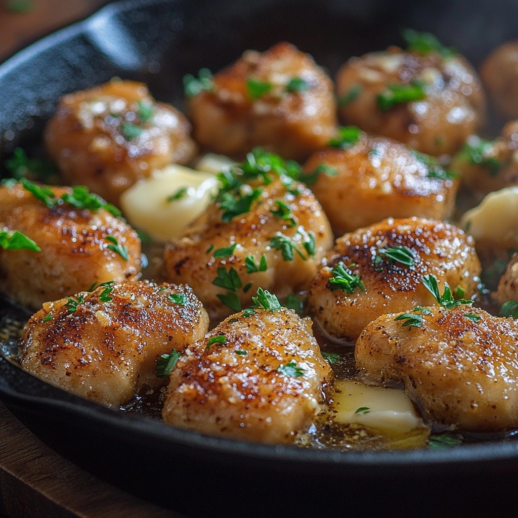Garlic Parmesan Chicken Bites Recipe : The Ultimate 15-Minute Dinner Hack 9 Garlic parmesan chicken bites tossed in melted butter and Parmesan in a skillet