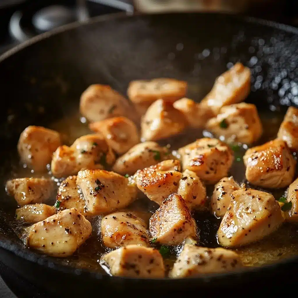 Garlic Parmesan Chicken Bites Recipe : The Ultimate 15-Minute Dinner Hack 8 Chicken bites cooking in a skillet with melted butter and garlic