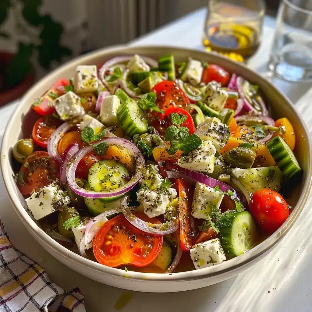 Greek salad with feta recipe on white plate
