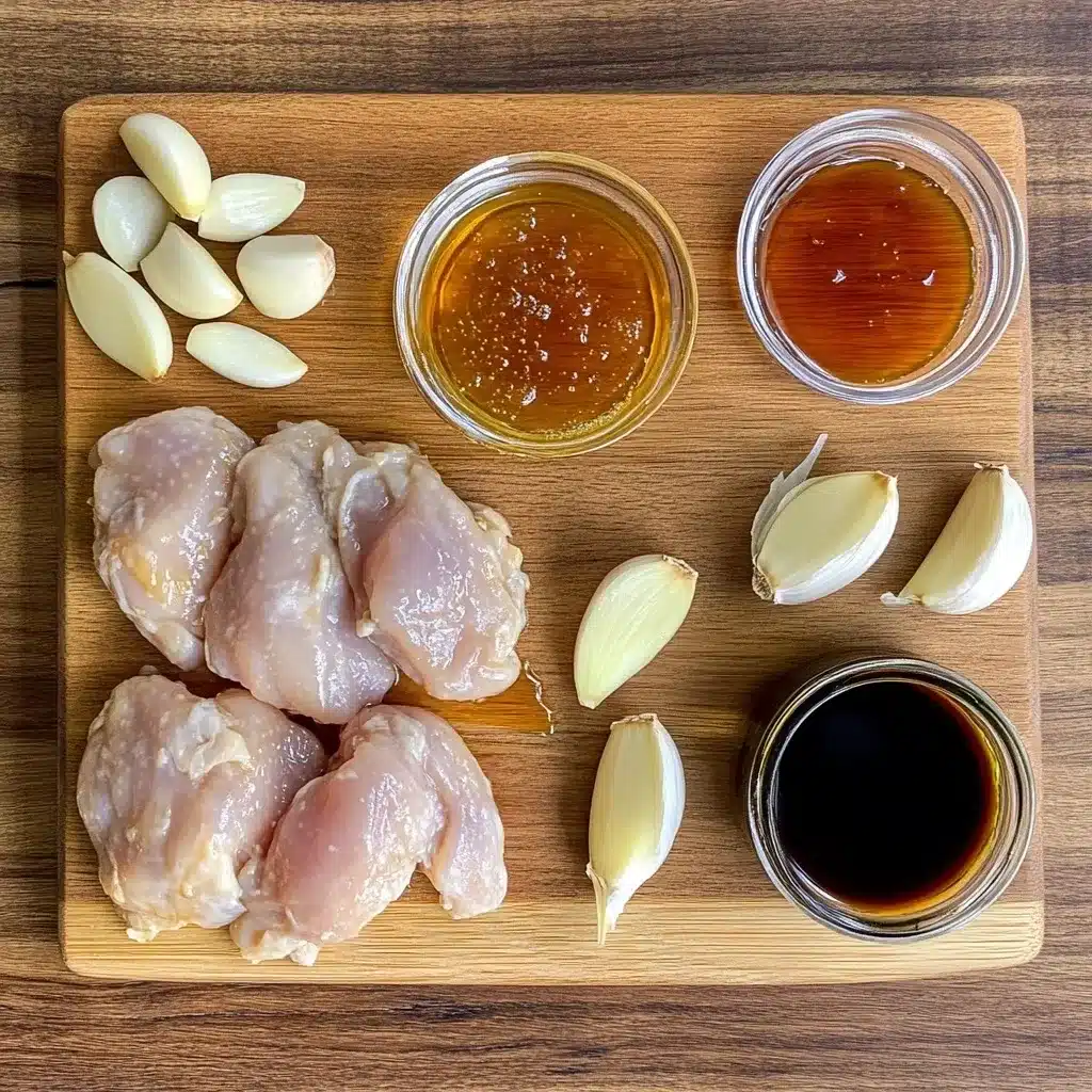 Honey Garlic Chicken Bites Recipe : The Best 5-Ingredient Dinner 9 Ingredients: Five main ingredients for honey garlic chicken bites recipe on kitchen counter