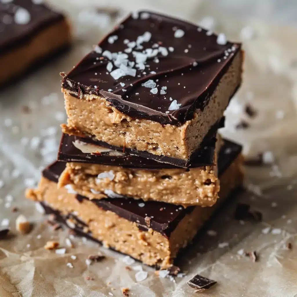 Stacked no-bake chocolate peanut butter protein bars with sea salt, one with a bite taken out.
