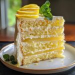 Lemon Mascarpone Cake Recipe : A Decadent Treat Everyone Will Love 7 Vibrant top-down photo of a slice of lemon mascarpone cake with lemon curd and mascarpone frosting on a white plate