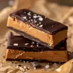 No-bake peanut butter bars with chocolate top and sea salt.