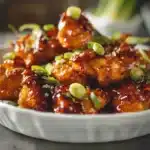 Honey Garlic Chicken Bites Recipe : The Best 5-Ingredient Dinner 8 Mouthwatering honey garlic chicken bites on a white plate, glazed and garnished with scallions, styled for food blog or recipe card