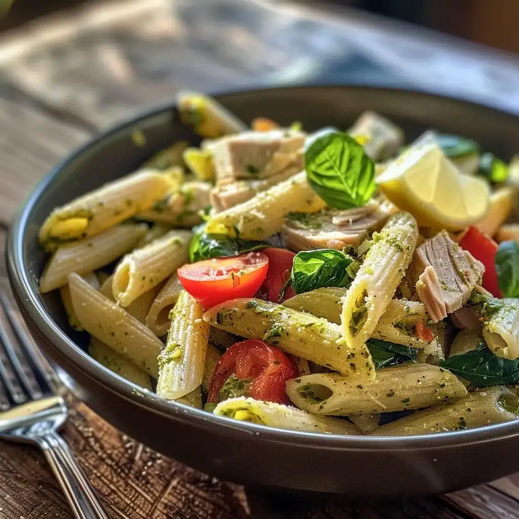 Easy Tuna Pesto Pasta Recipe: The Best 25-Minute Dinner 9 Bowl of penne pasta with tuna, basil pesto, cherry tomatoes, and spinach on a rustic wooden table with lemon and fork.