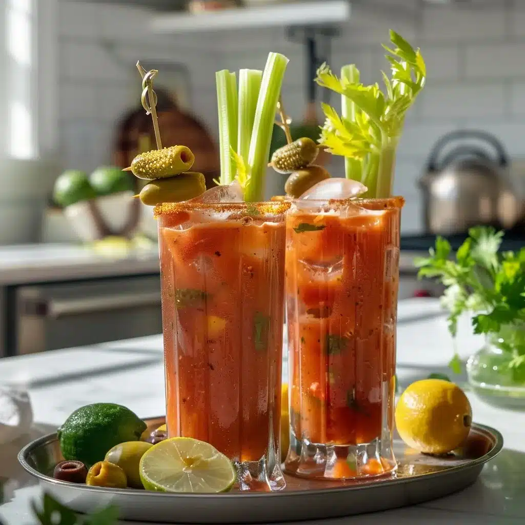 Virgin Bloody Mary Drink Recipe – The Best Bold & Easy Mocktail 6 Close-up of a vibrant Virgin Bloody Mary mocktail with celery, lemon, lime, and olives on a brunch table in natural light.