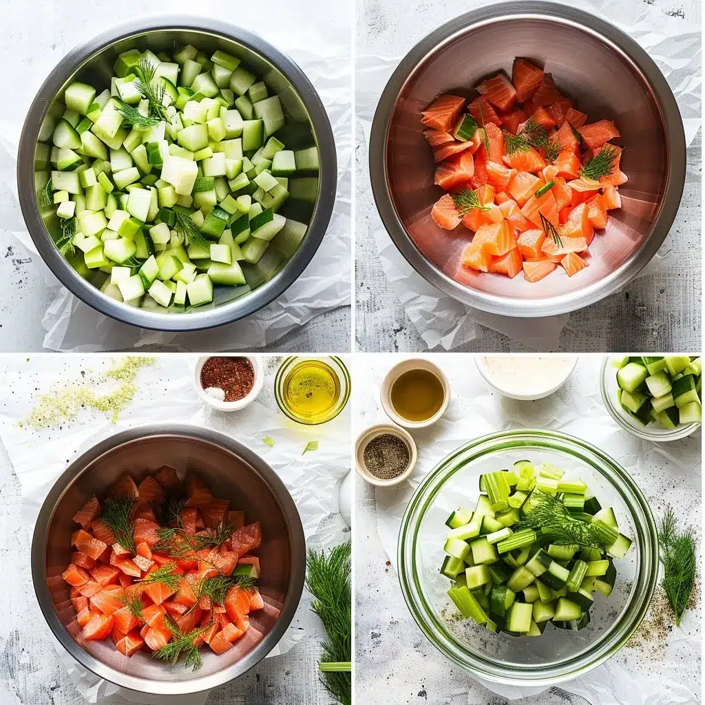 Salmon Cucumber Salad Recipe – The Best 5 Paleo Twists Ever 8 Step-by-step collage showing chopped cucumbers, dill with olive oil, and salmon mixed in a bowl for creamy salmon cucumber salad.