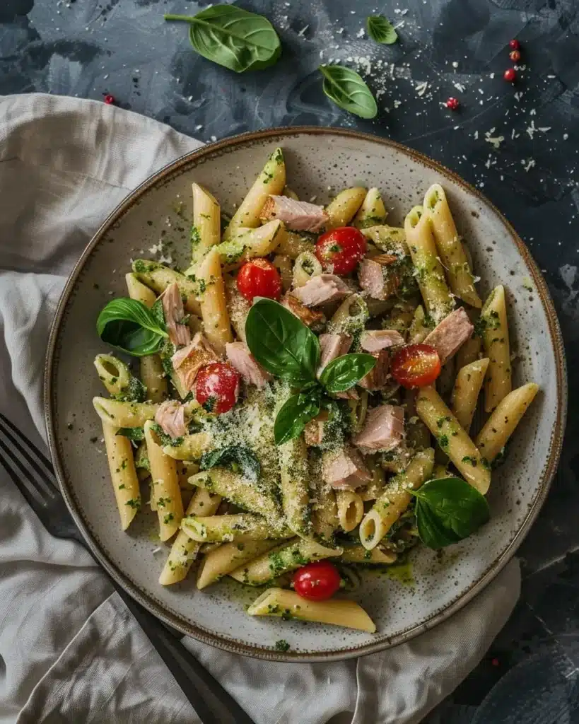 Easy Tuna Pesto Pasta Recipe: The Best 25-Minute Dinner 13 Overhead view of a rustic ceramic plate filled with creamy tuna pesto pasta, featuring penne, spinach, cherry tomatoes, and flaked tuna, served on a linen napkin with soft daylight.