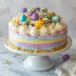 Easy Easter Jello Pie Recipe That Will Wow Your Family 7 Pastel layered no-bake Easter cheesecake topped with candy eggs, whipped cream, and sprinkles on a white cake stand.