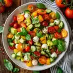 Tomato Cucumber Mozzarella Salad Recipe – 7 Reasons to Love It 6 Tasty-style overhead shot of a tomato avocado mozzarella salad with basil, cucumber, and vinaigrette in a white bowl on a wooden table.