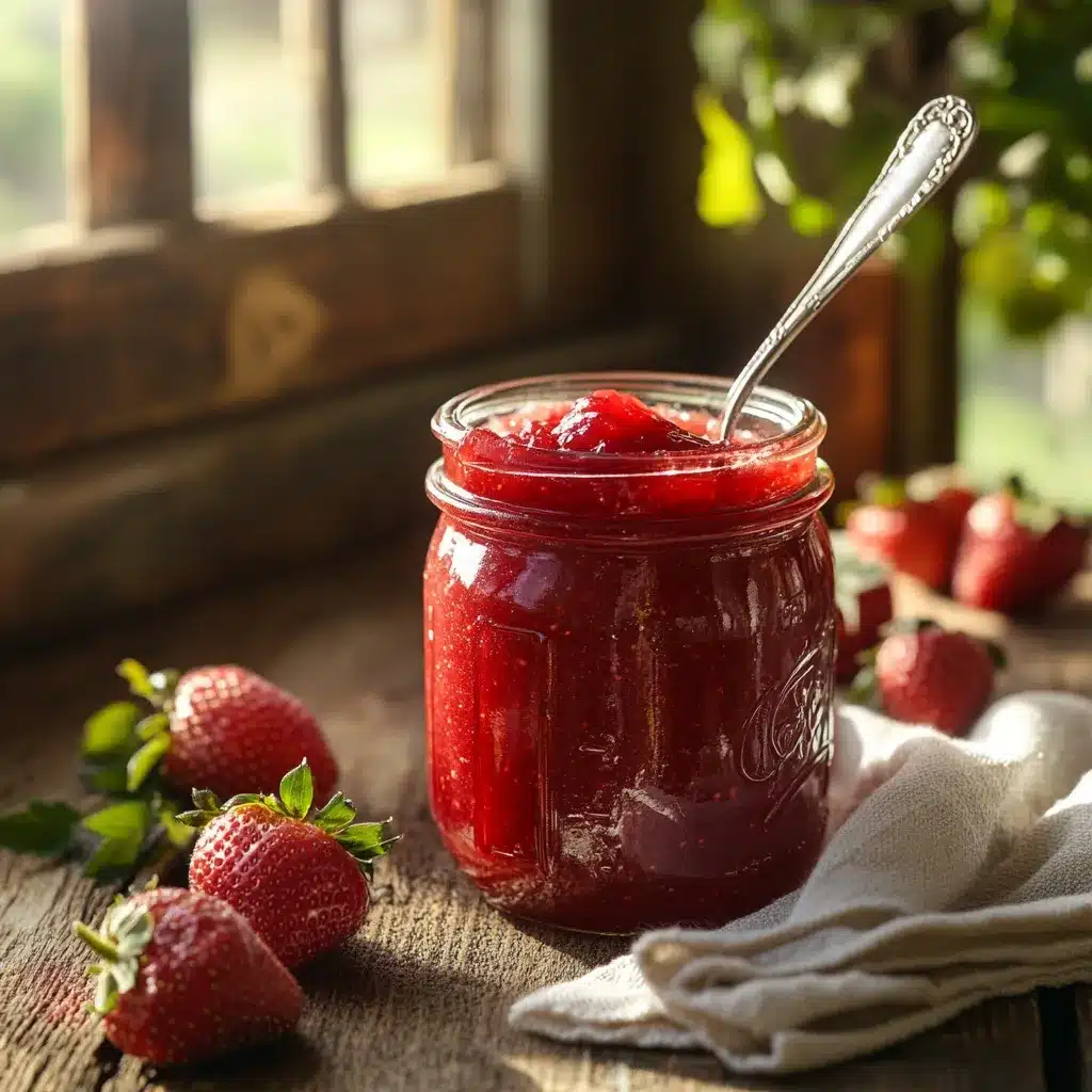 Frozen Strawberry Jam Recipe – Best 7-Step Sweet & Easy Method 5 Homemade frozen strawberry jam recipe in a glass jar on wooden table with strawberries