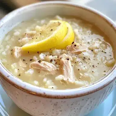 Lemon rice soup recipe in a steaming bowl with creamy texture