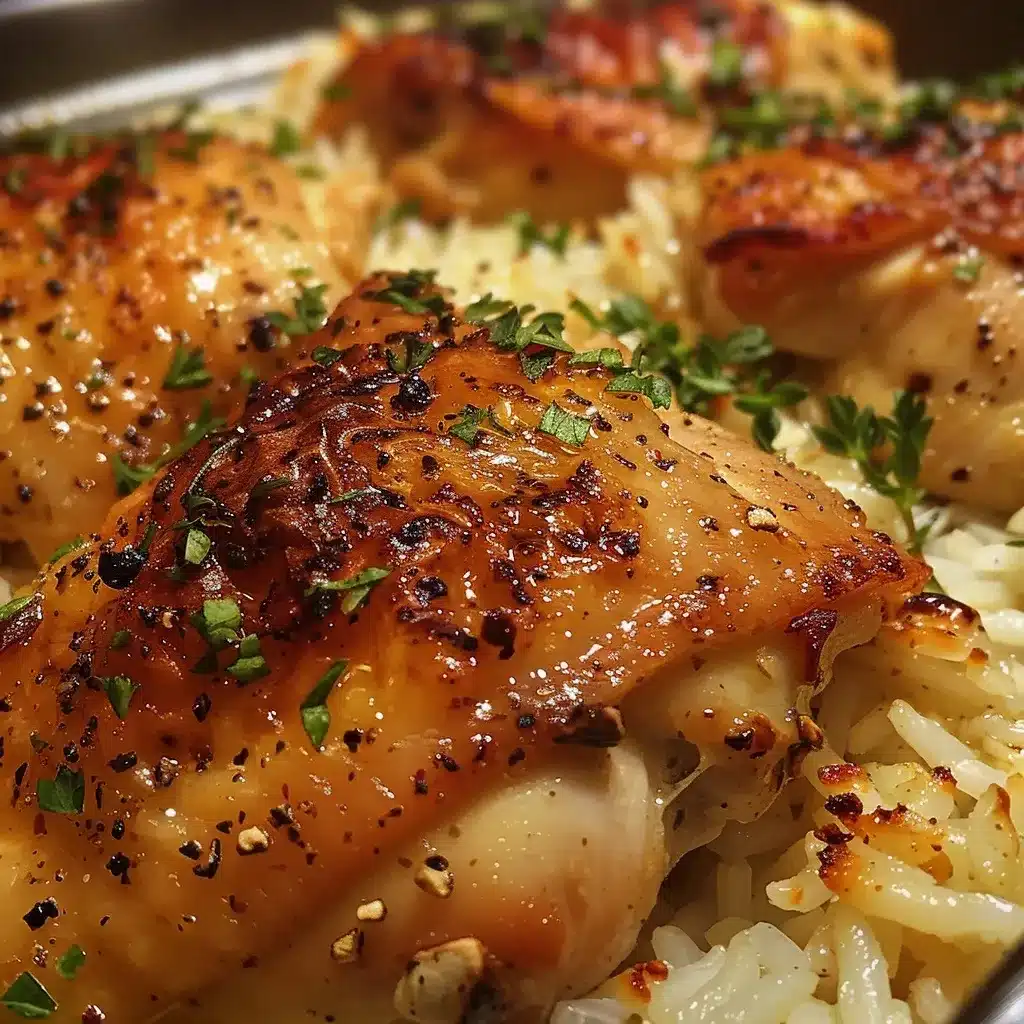 Oven Baked Chicken And Rice Recipe – Easy, Juicy & One Pan 6 Close-up of a sliced, golden-brown oven-baked chicken thigh served over tender, seasoned rice. The chicken is juicy and well-cooked, with crispy skin and visible herbs, captured in warm, natural light.