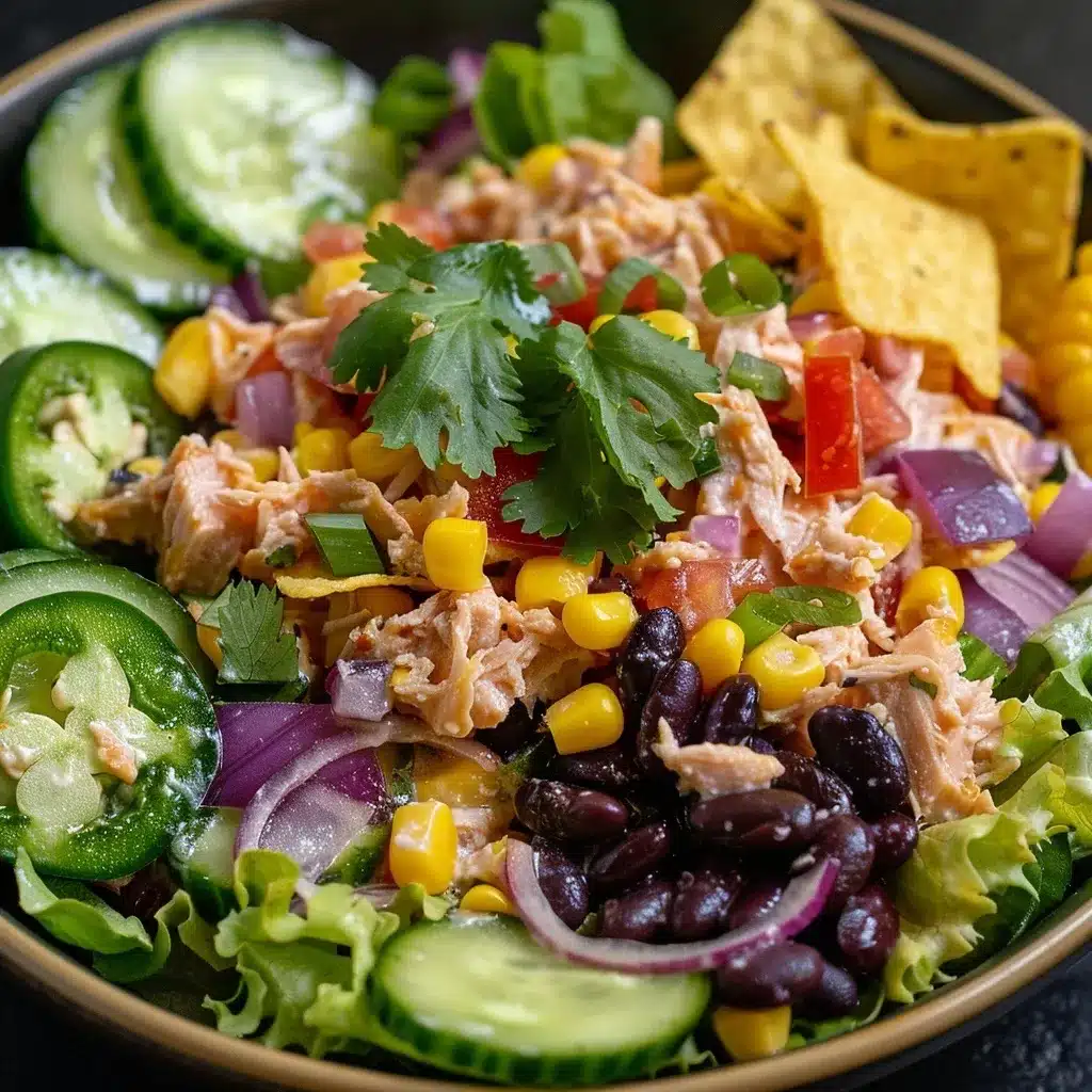 Mexican Tuna Salad Recipe: The Best Ever 15-Minute Power Meal 7 Close-up of a colorful Mexican tuna salad with corn, black beans, red onions, and red bell peppers served in a white bowl with lettuce and tortilla chips, next to sliced cucumbers.