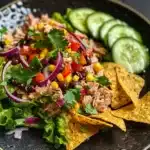 Mexican Tuna Salad Recipe: The Best Ever 15-Minute Power Meal 8 Overhead photo of a Mexican tuna salad with tuna, corn, beans, and vegetables in a lettuce-lined bowl, garnished with tortilla chips and cucumber slices on the side.