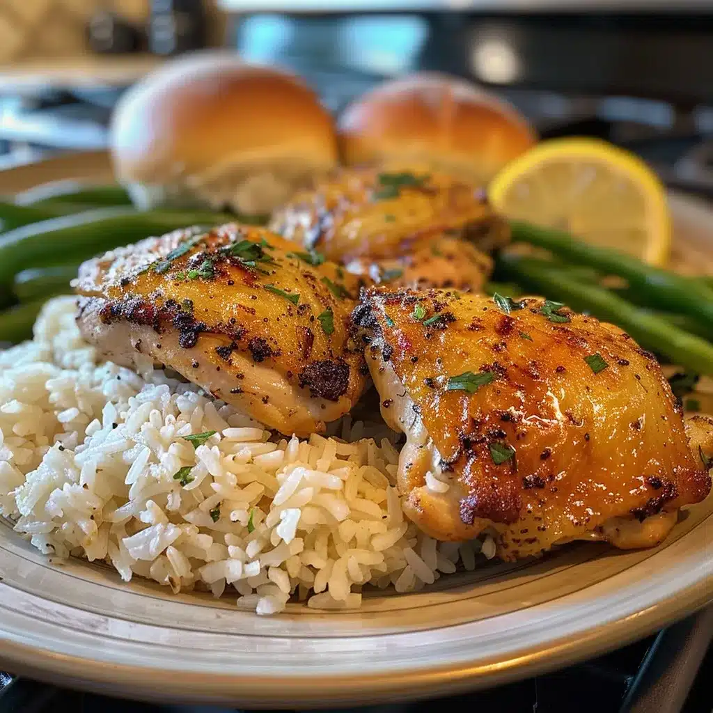 Oven Baked Chicken And Rice Recipe – Easy, Juicy & One Pan 11 Close-up of oven-baked chicken and rice served on a ceramic plate with steamed green beans, a lemon yogurt drizzle, and a soft dinner roll. Warm natural lighting with a cozy home kitchen background.