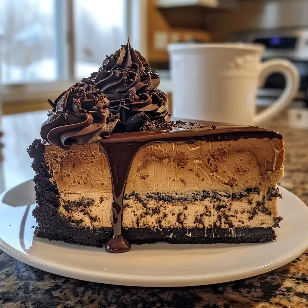 Best Coffee Cheesecakes Recipe: Decadent, Bold & Easy to Make 7 Slice of coffee cheesecake on a white plate with chocolate ganache and whipped coffee cream, served with a mug of black coffee on a marble table.