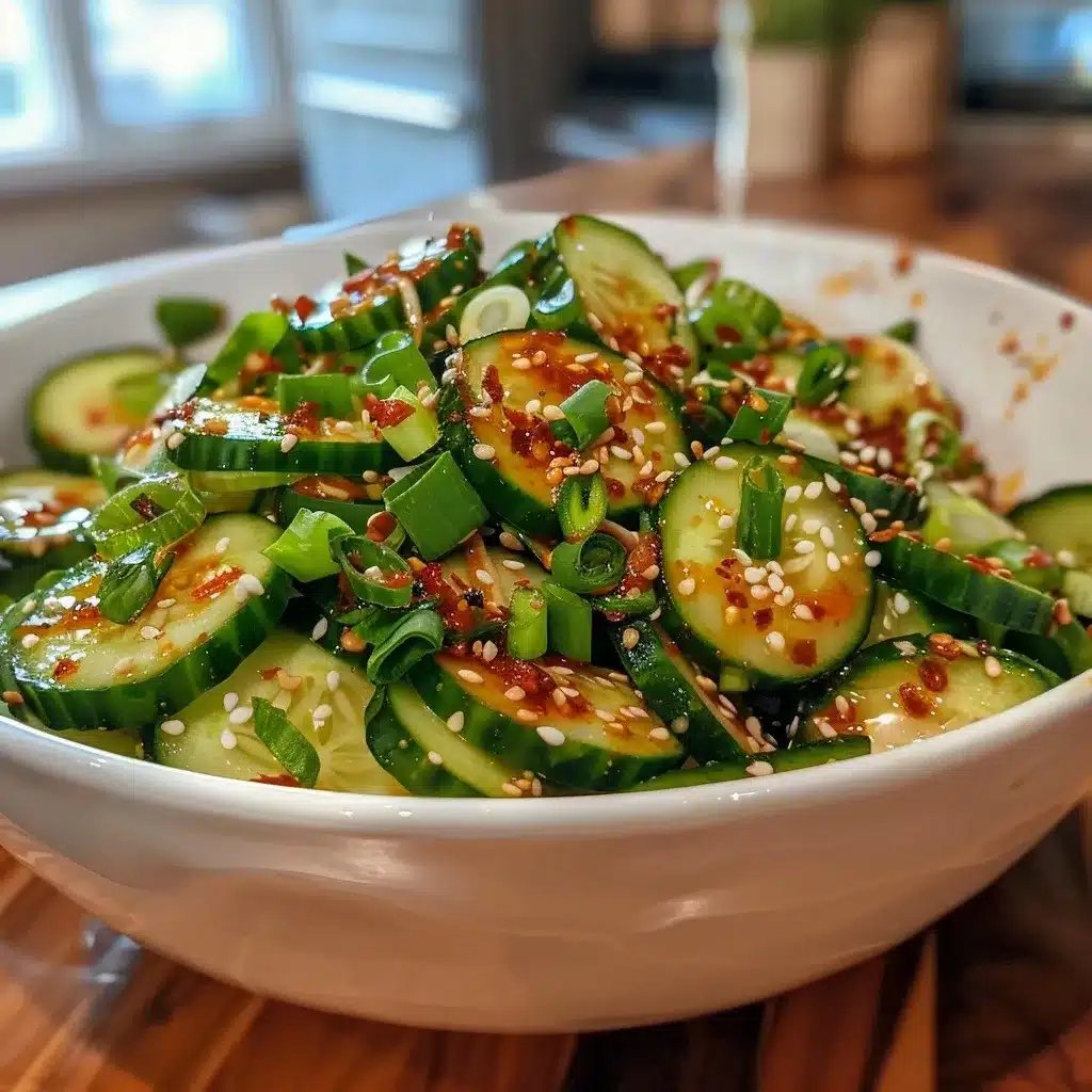 Spicy Cucumber Salad Recipe – The Best 10-Minute Flavor Bomb 6 Spicy cucumber salad Recipe in a white bowl with chili oil, green onions, garlic, and sesame seeds on a wooden table.