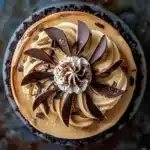 Best Coffee Cheesecakes Recipe: Decadent, Bold & Easy to Make 6 Overhead view of a coffee cheesecake with chocolate ganache, coffee whipped cream swirls, and chocolate curls on an Oreo crust, styled in a bright Tasty-style setting.