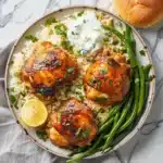 Oven Baked Chicken And Rice Recipe – Easy, Juicy & One Pan 8 Bright and colorful overhead shot of oven-baked chicken thighs served over garlic rice, with steamed green beans, lemon yogurt sauce, and a soft roll. Styled on a ceramic plate with a clean marble background.