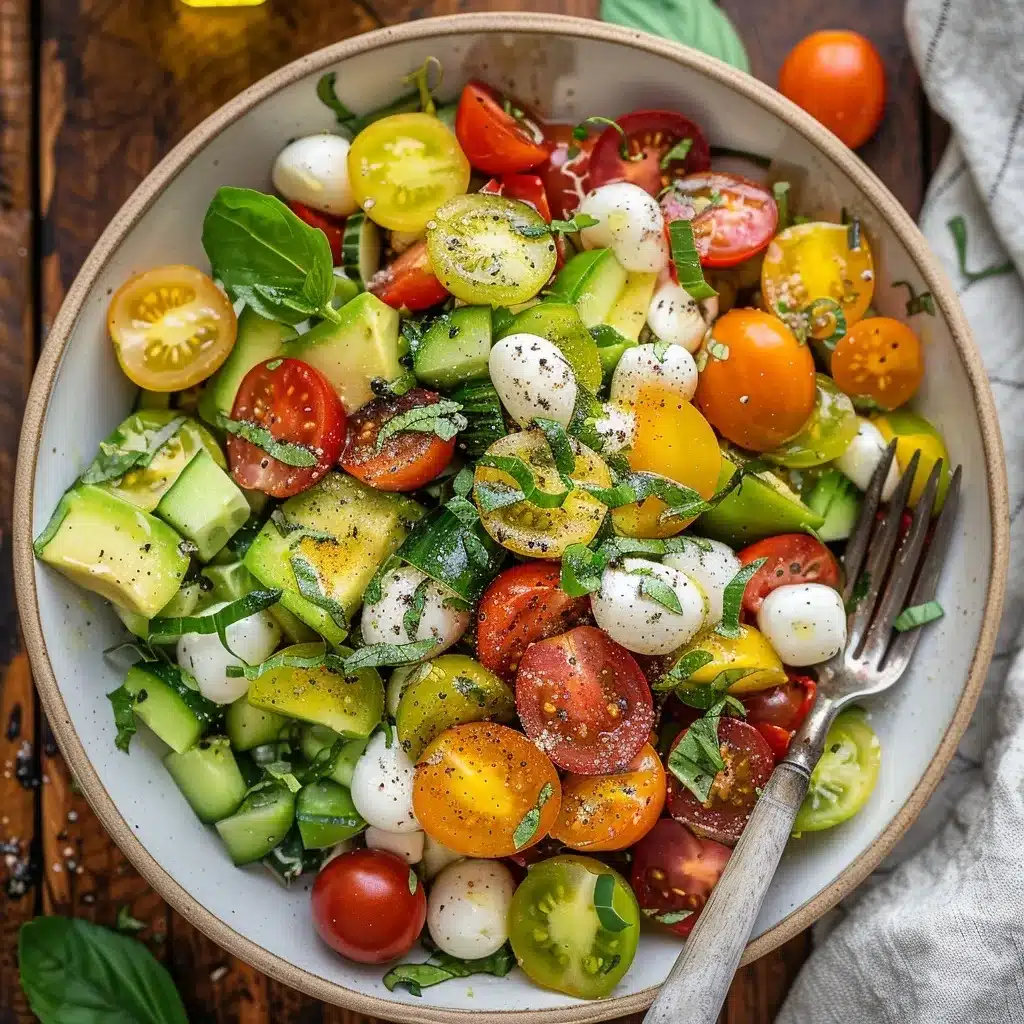 Tomato Cucumber Mozzarella Salad Recipe – 7 Reasons to Love It 9 Overhead photo of tomato avocado mozzarella salad served in a white bowl with basil and olive oil, on a wooden table.