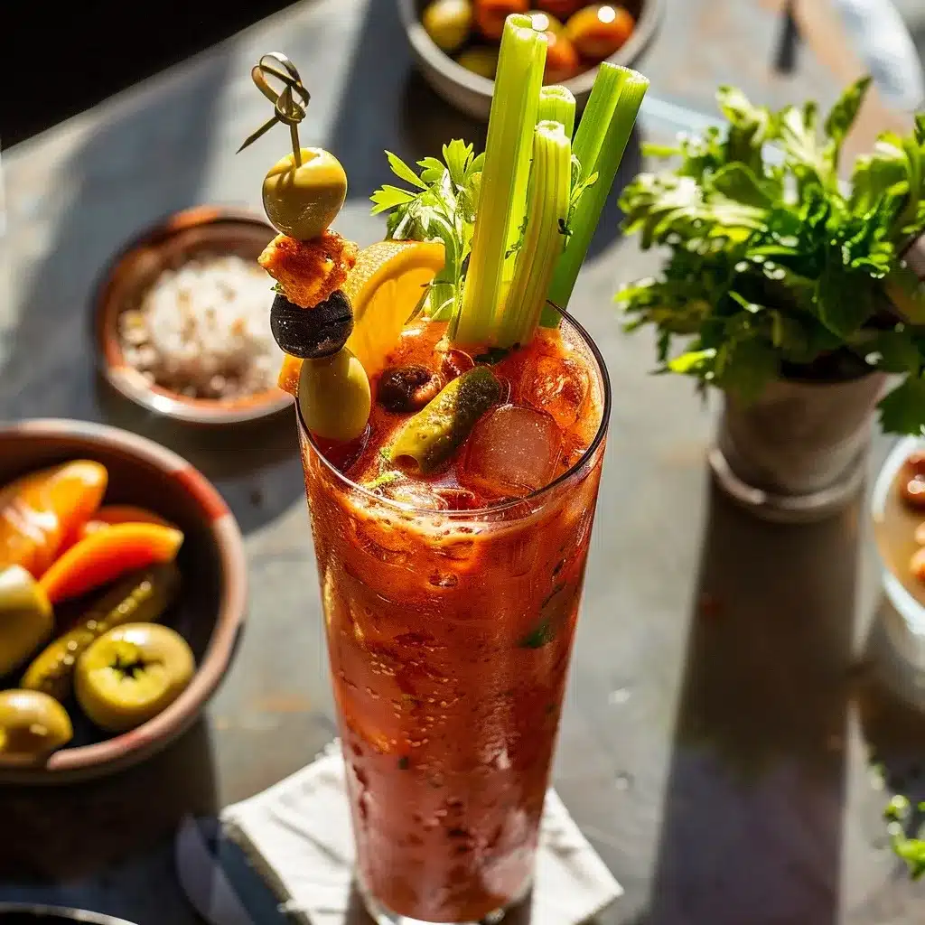 Virgin Bloody Mary Drink Recipe – The Best Bold & Easy Mocktail 9 Top-down view of a tall glass of Virgin Bloody Mary mocktail with ice, garnished with celery, olives, and lemon wedges on a bright brunch table.