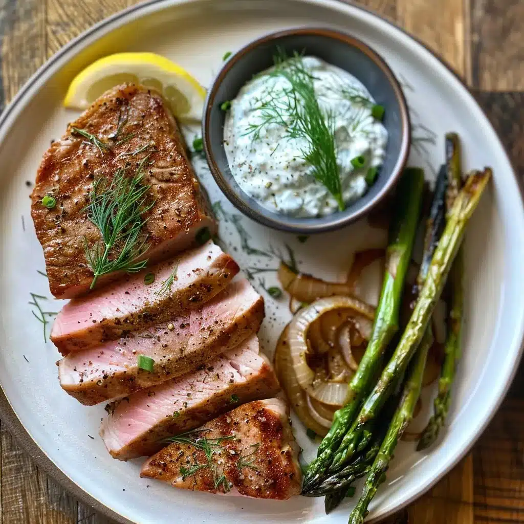 Baked Tuna Steak Recipe: The Best 25-Minute Healthy Dinner 14 Tuna steak served with roasted asparagus, onions, lemon wedge, and yogurt sauce on a white plate.