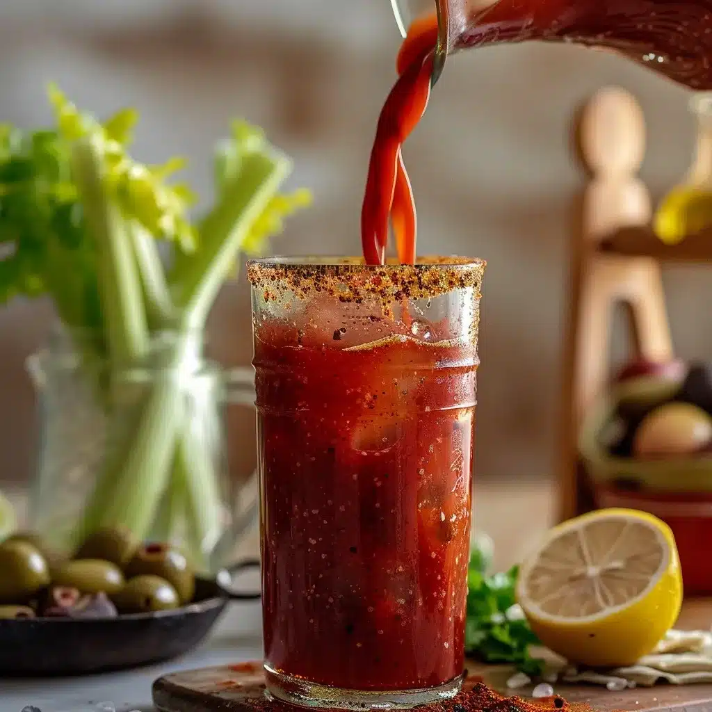 Virgin Bloody Mary Drink Recipe – The Best Bold & Easy Mocktail 8 Pouring a vibrant Virgin Bloody Mary mocktail from a clear pitcher into a tall glass filled with ice, surrounded by fresh garnishes.