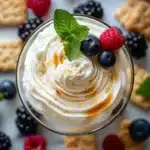 Beaten Yogurt Recipe (Whipped Greek Yogurt Style) – A 5 Minute Creamy Fix You’ll Love 8 Close-up of silky whipped Greek yogurt swirled in a glass cup, topped with berries and maple syrup