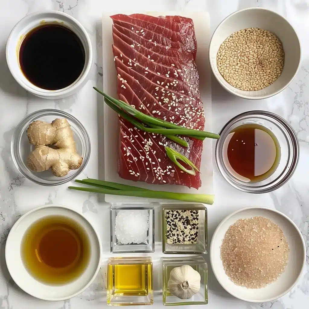 Tuna Steak Barbecue Recipe: The Best 14-Minute Grilled Ahi 9 Ingredients for tuna steak barbecue recipe including raw ahi tuna, soy sauce, garlic, ginger, and sesame oil