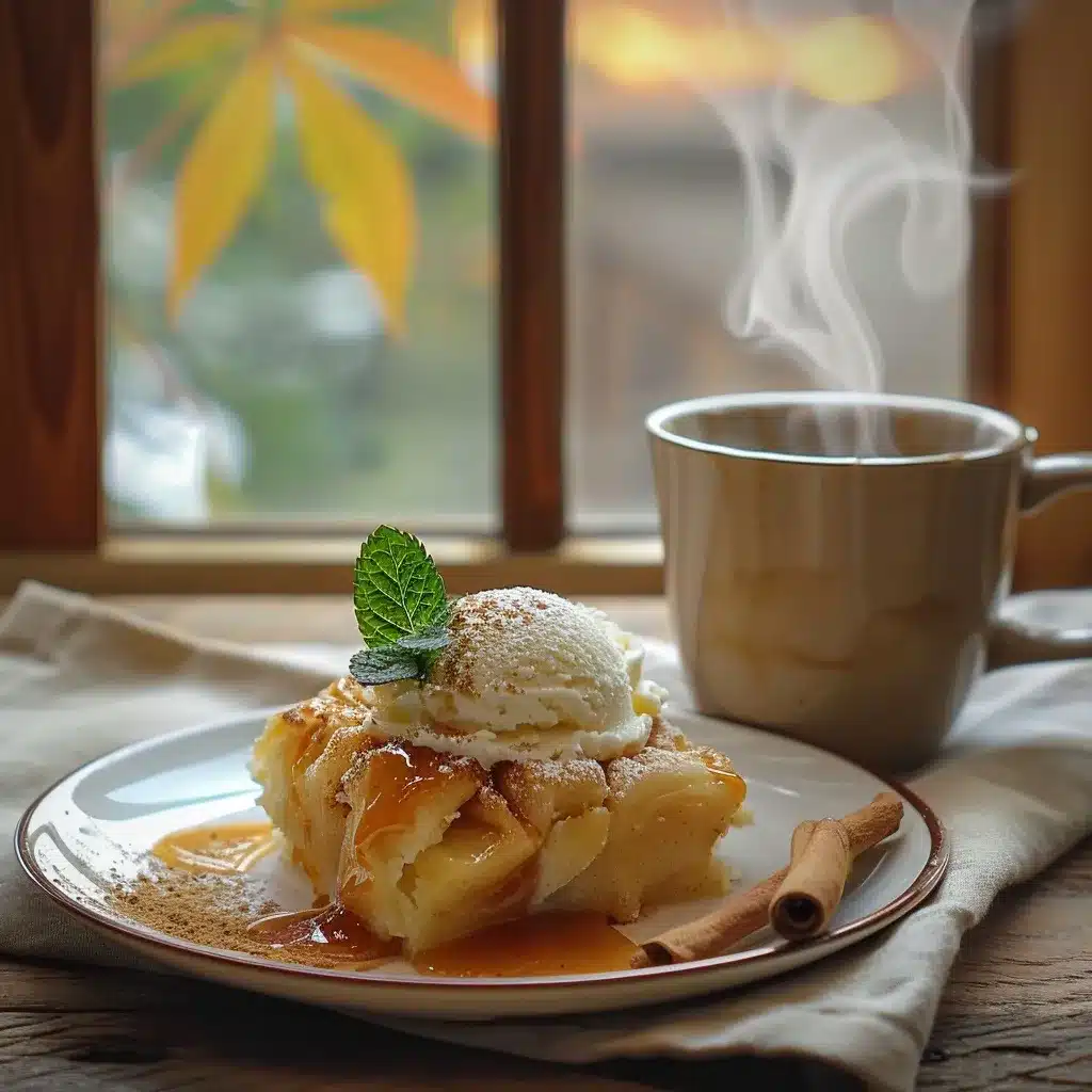 Apple Pie Biscuits Recipe – 7 Cozy Reasons to Bake Now 13 A warm apple pie biscuit topped with vanilla ice cream and caramel drizzle, served with a cup of chai tea on a rustic table.