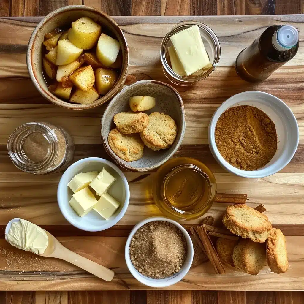 Apple Pie Biscuits Recipe – 7 Cozy Reasons to Bake Now 10 Top-down view of ingredients for apple pie biscuits, including canned biscuits, apple pie filling, brown sugar, spices, butter, and vanilla extract.