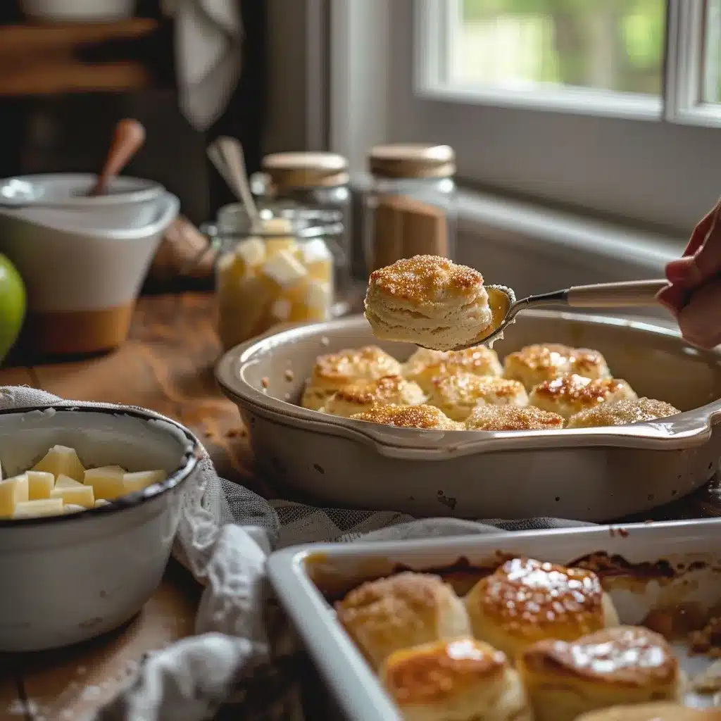 Apple Pie Biscuits Recipe – 7 Cozy Reasons to Bake Now 11 A hand dipping biscuit dough into melted butter with a bowl of cinnamon sugar and apple filling nearby, on a rustic kitchen counter.