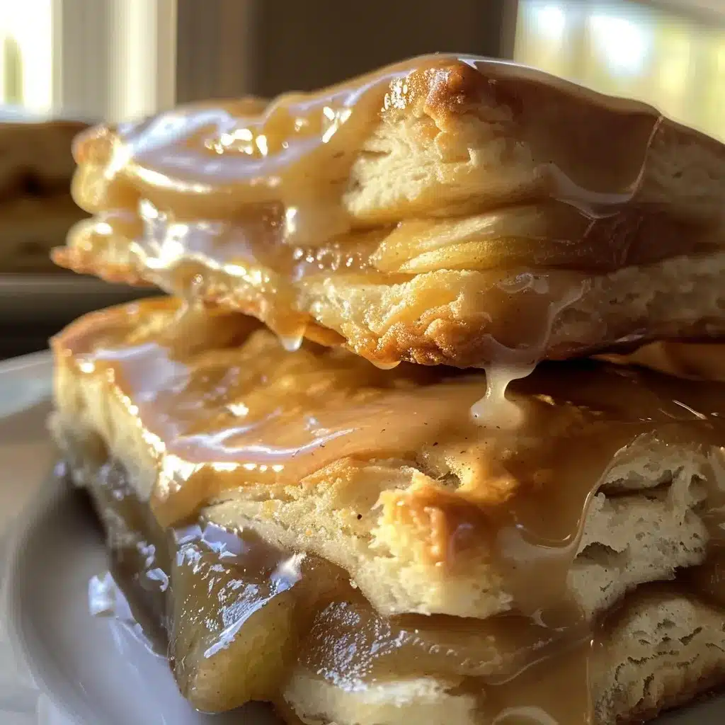 Golden apple pie biscuits with flaky layers and cinnamon apple filling, stacked on a cooling rack.