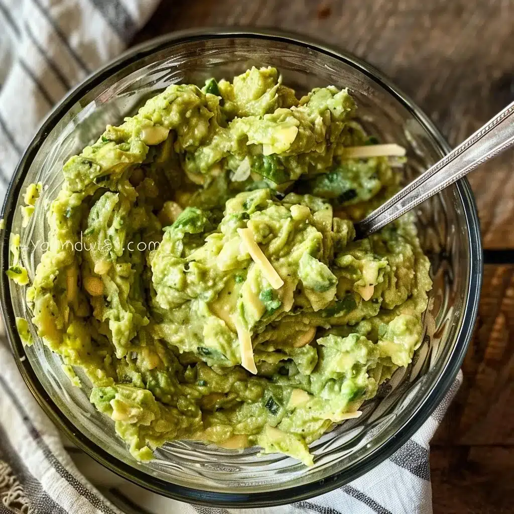 3-Ingredient Avocado Bread Recipe (Irresistibly Easy & Keto-Friendly!) 7 Close-up of avocado bread batter in a ribbed glass bowl with a silver fork, featuring mashed avocado, shredded cheese, and egg on a wooden surface.