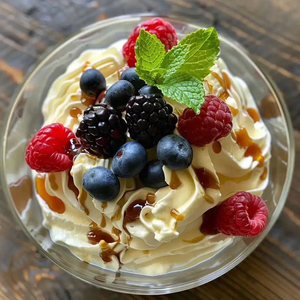 Fluffy whipped Greek yogurt in a glass cup topped with fresh berries and mint, drizzled with maple syrup