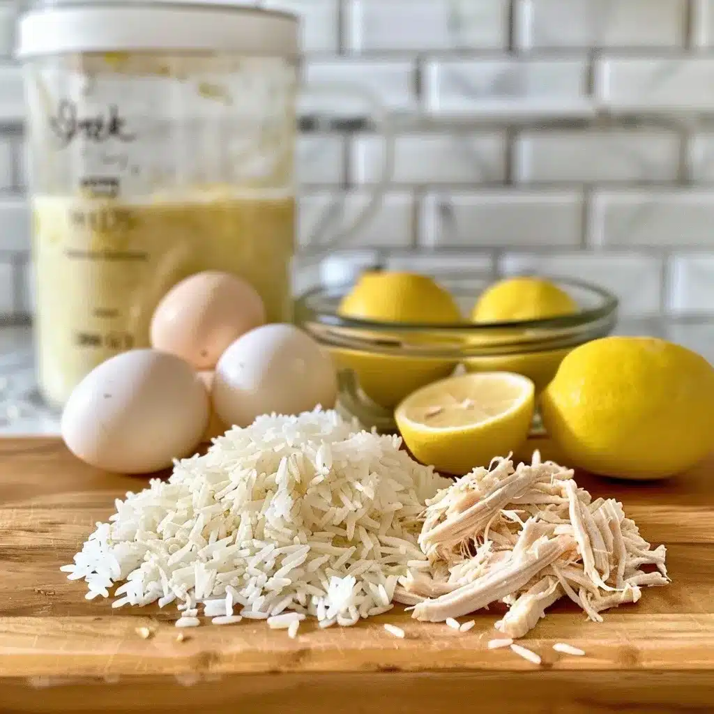 Lemon Rice Soup Recipe – 5 Easy Steps to Tangy Comfort 9 Chicken lemon rice soup ingredients on a wooden counter, including chicken broth, rice, shredded chicken, lemons, and eggs in measuring cups and bowls.