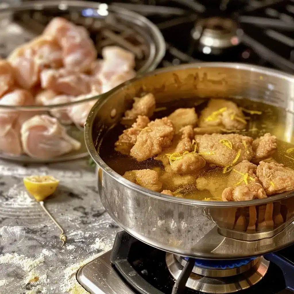 Chinese Lemon Chicken Recipe: 5 Crispy & Zesty Secrets 14 Close-up of battered chicken pieces frying in bubbling oil in a stainless steel saucepan with a cooking thermometer.