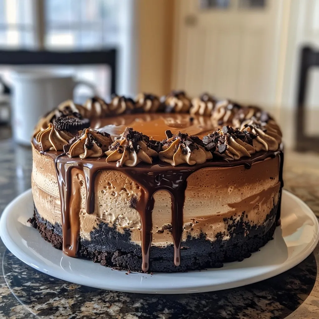 Best Coffee Cheesecakes Recipe: Decadent, Bold & Easy to Make 4 Coffee cheesecakes recipe with chocolate ganache, whipped coffee cream swirls, and chocolate shavings on an Oreo crust, served with a glass of coffee.