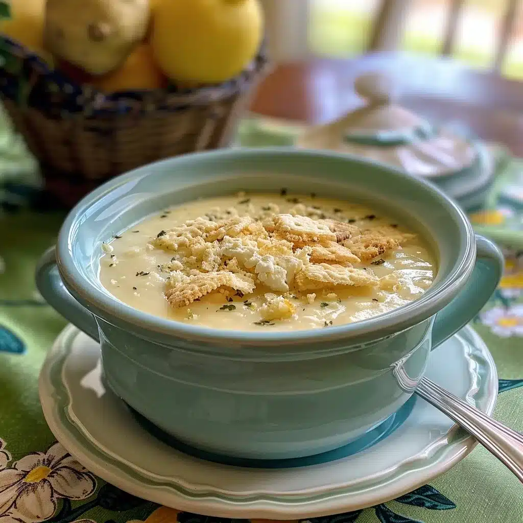 Lemon Rice Soup Recipe – 5 Easy Steps to Tangy Comfort 11 Close-up of creamy homemade soup topped with crushed saltine crackers, served in a blue bowl on a green floral tablecloth.