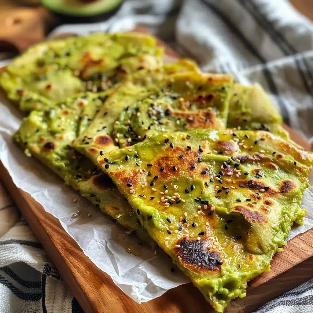 3-Ingredient Avocado Bread Recipe (Irresistibly Easy & Keto-Friendly!) 5 Homemade avocado flatbreads with melted cheese and sesame seeds, stacked on parchment paper, golden and crisp at the edges.