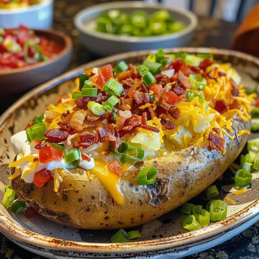 Poached Oven Baked Potatoes Recipe– Irresistibly Crispy, Creamy & Easy 7 Close-up of crispy baked potatoes topped with melted butter and flaky sea salt, served on a rustic wooden board with bacon, cheddar, green onions, and sour cream.
